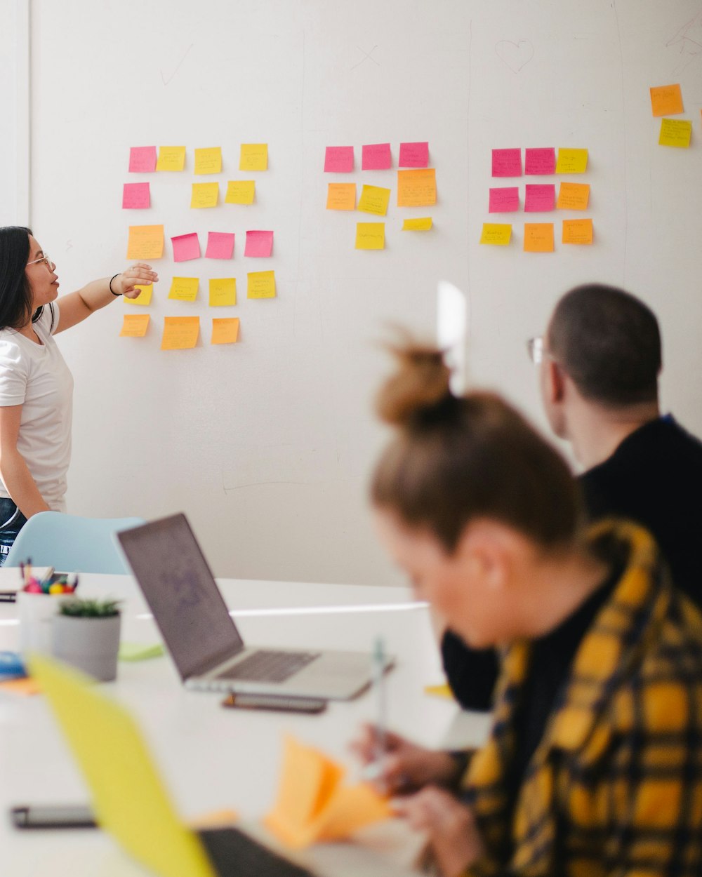 Team planning session with notes on a whiteboard